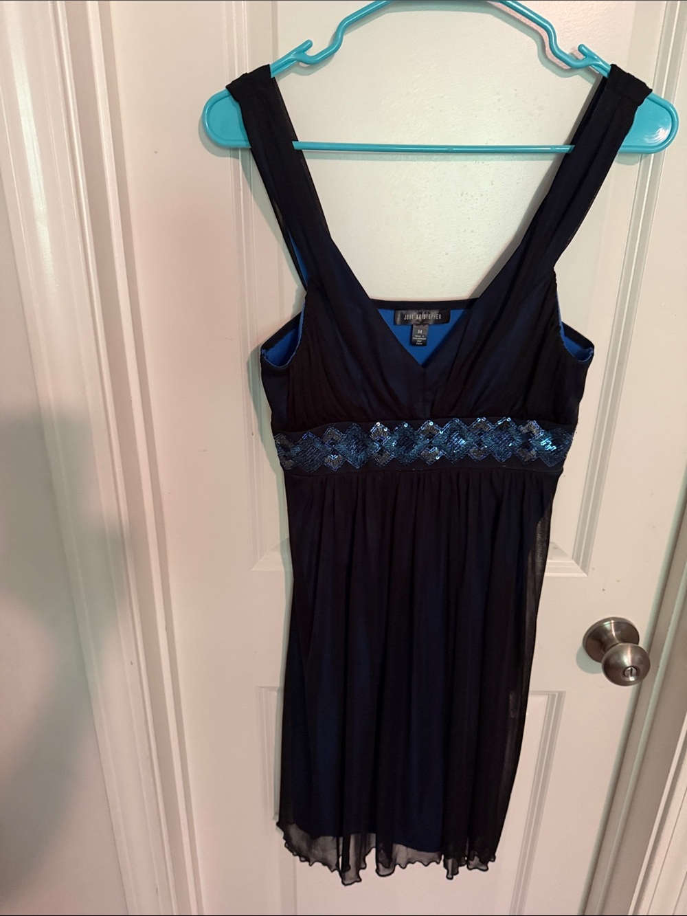 Jodi Kristopher Navy Blue Party Dress with Sequined Waistband